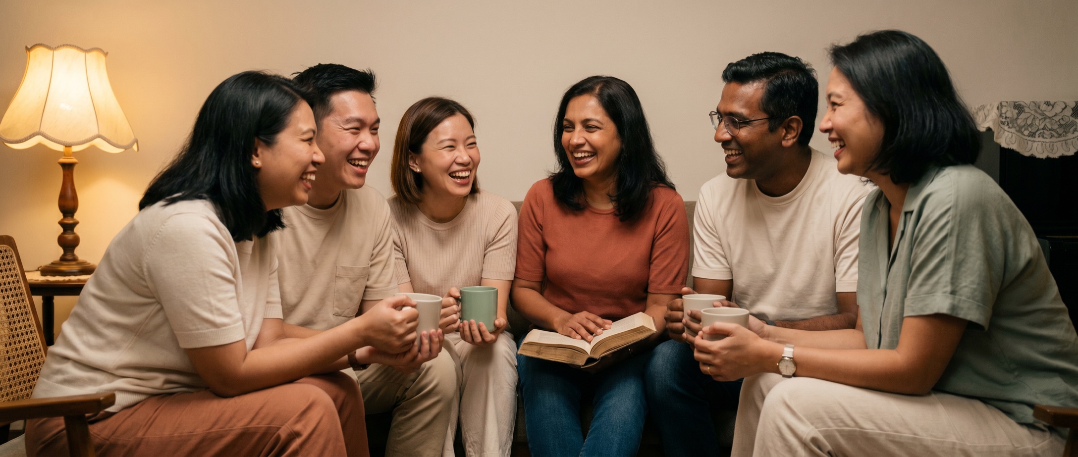 Six adults sitting close together in a living room, laughing, with mugs and an open Bible between them.