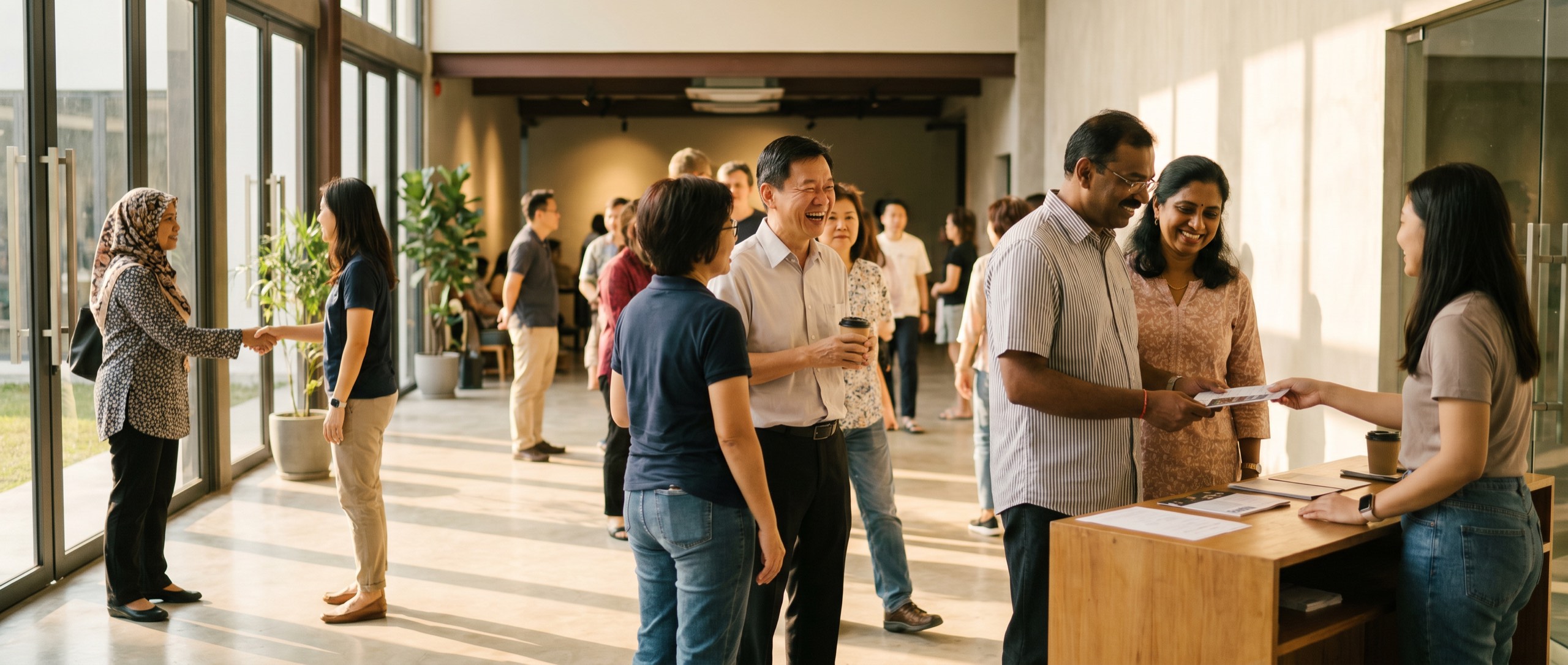 People greeting one another in the sunlit foyer before a Sunday service, with a welcome desk to one side.
