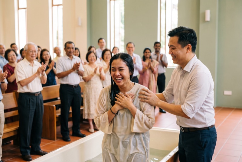 A woman rising from the baptism pool, beaming, as the congregation applauds around her.