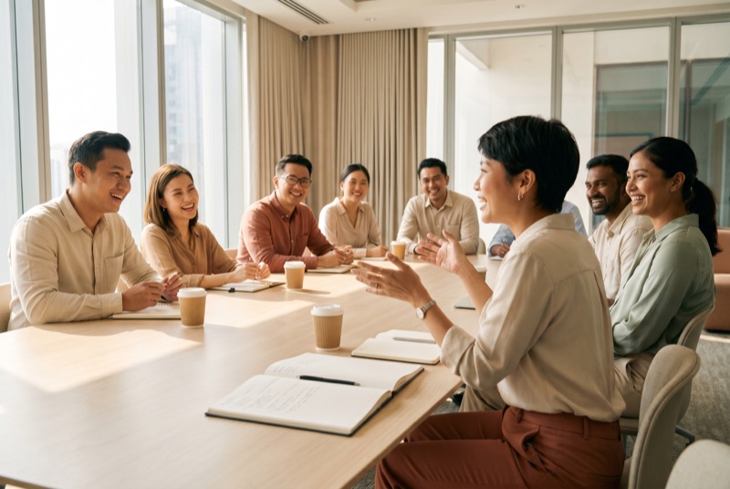 Colleagues talking around a long table in a bright meeting room, coffee cups and notebooks in front of them.