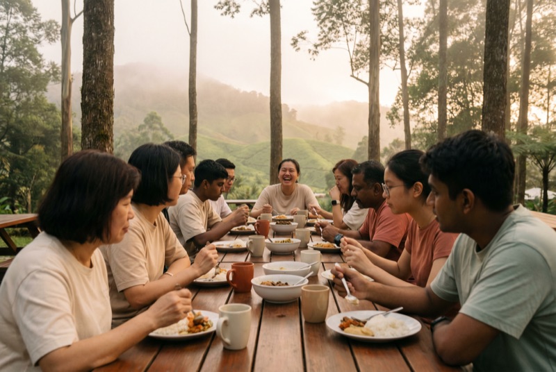 A long table of people sharing a meal outdoors, mist and forest behind them.