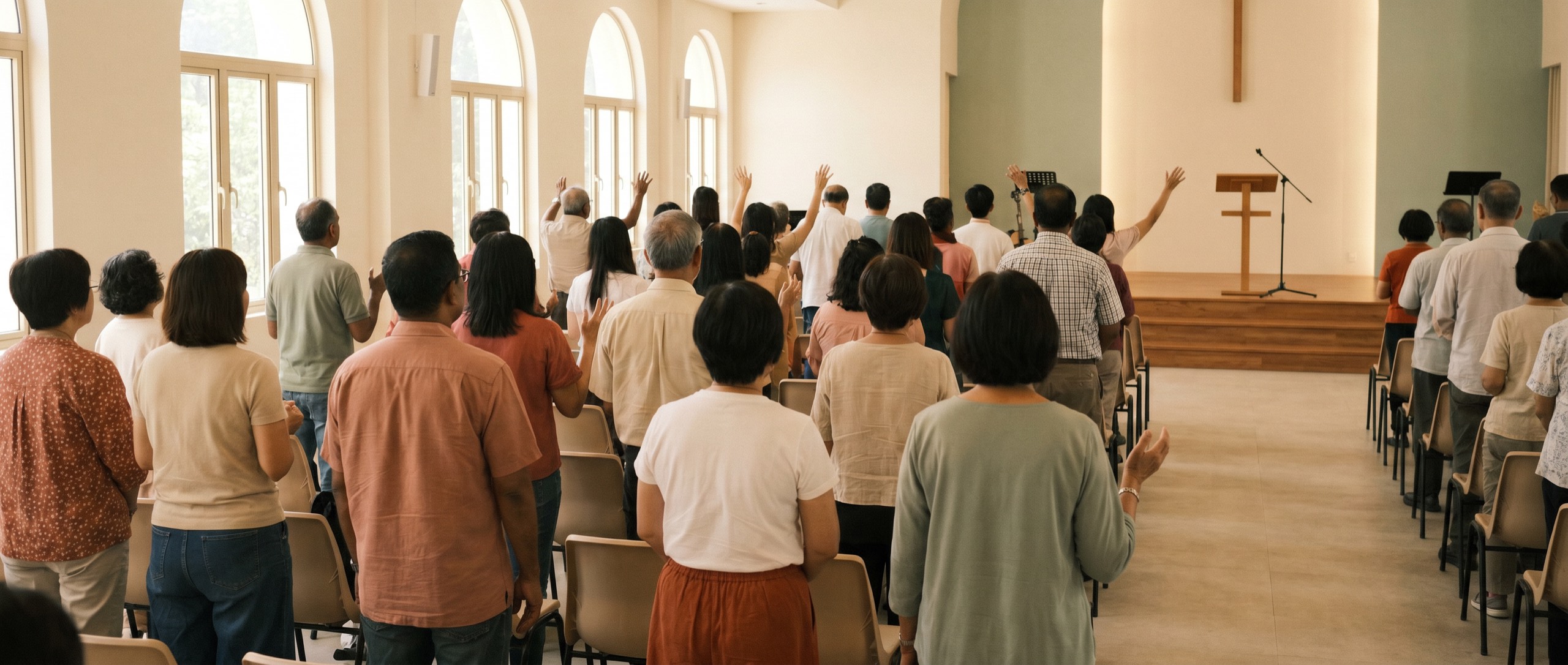 A congregation standing together in worship, hands raised.